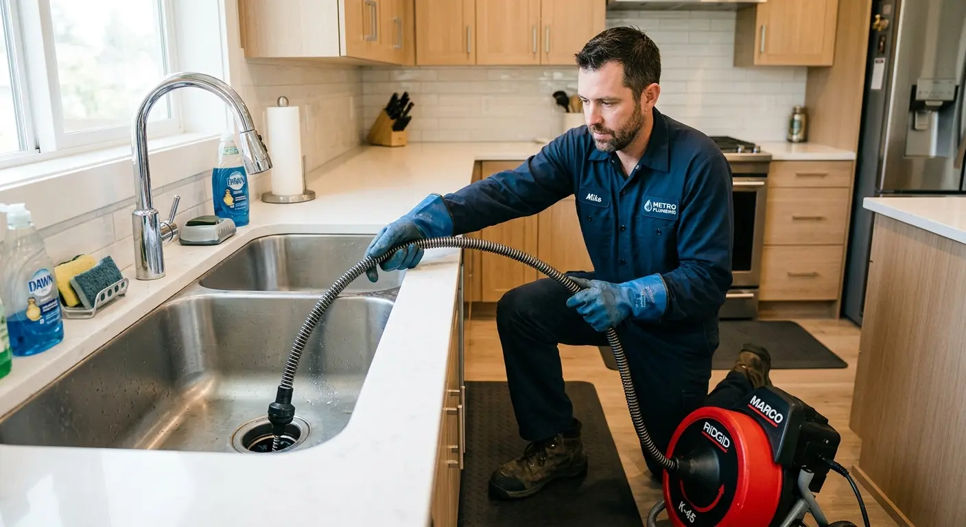 Drain cleaning technician using a motorized snake on a kitchen sink in Bardstown