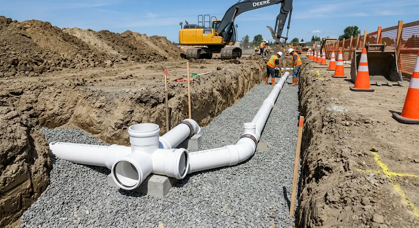 New PVC sewer pipe installation in open trench for Sewer Backup in Bardstown